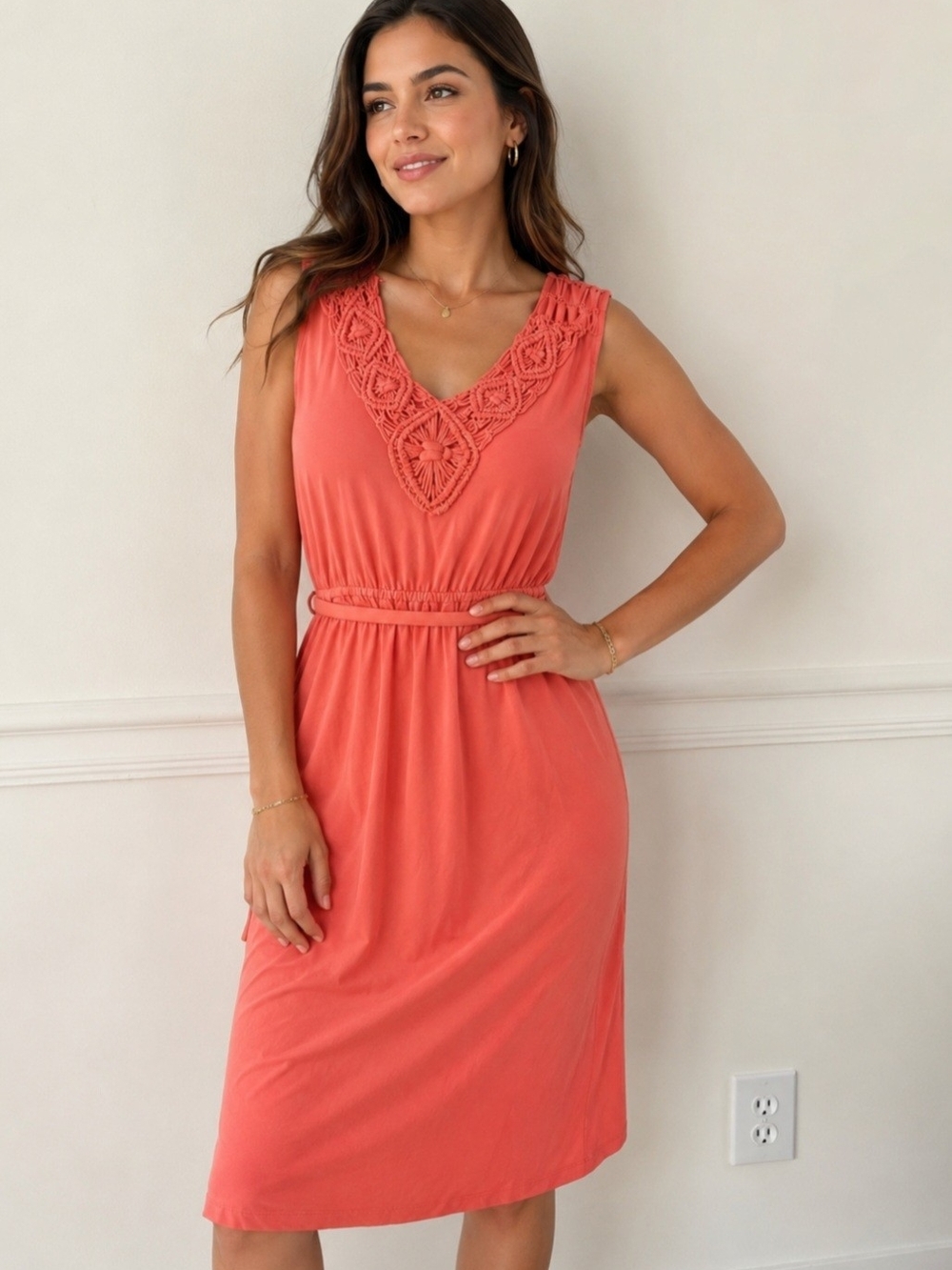 Liz Claiborne Coral Sleeveless V-Neck Midi Dress